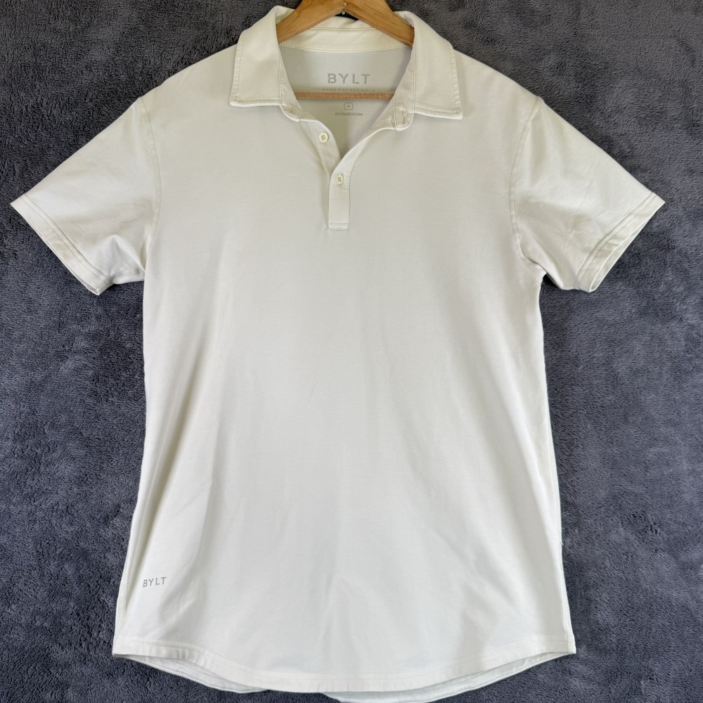 BYLT Lux Drop Cut Polo Shirt Men's M Ivory Short Sleeve Solid Logo Button M